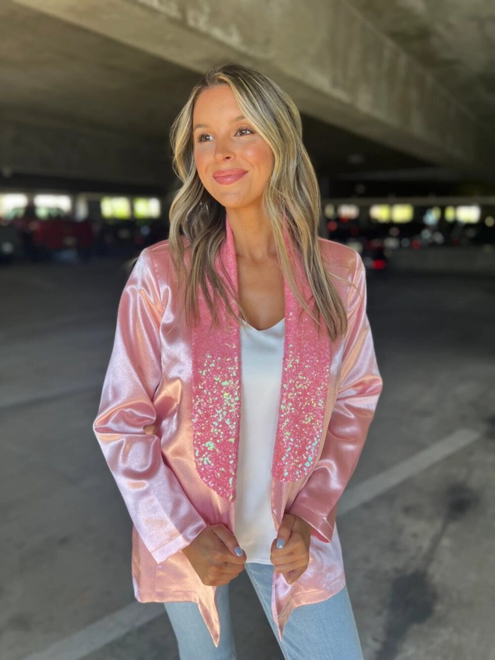 Queen Bee Satin and Sequin Blazer in Baby Pink